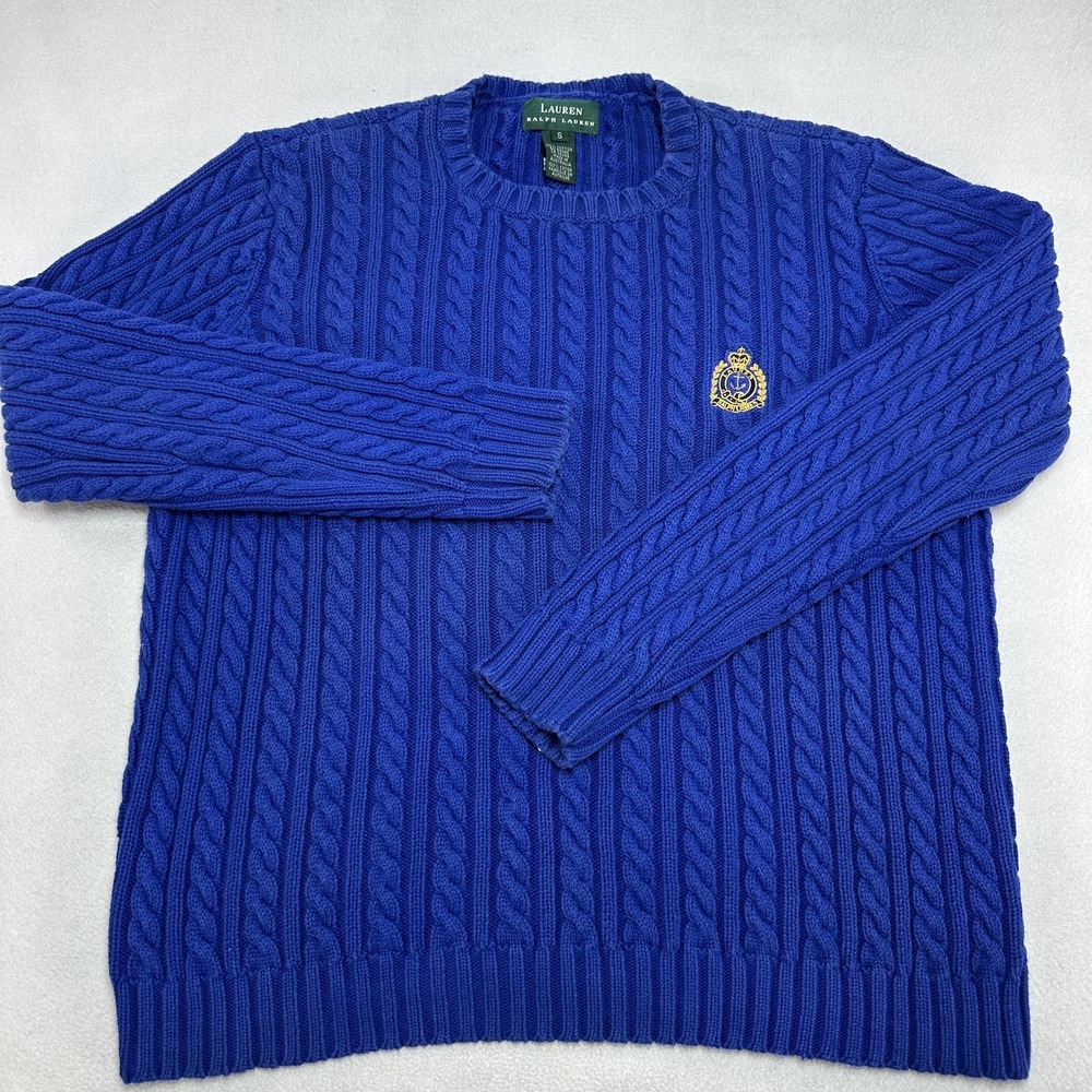 Lauren Ralph Lauren Sweater Womens Small Blue Cable Knit Crest Logo Prep Formal - Picture 1 of 10